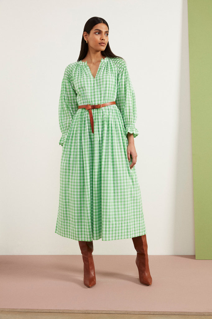 THE SCALLOP SMOCKED DRESS | Spring Green Gingham | Seraphina London
